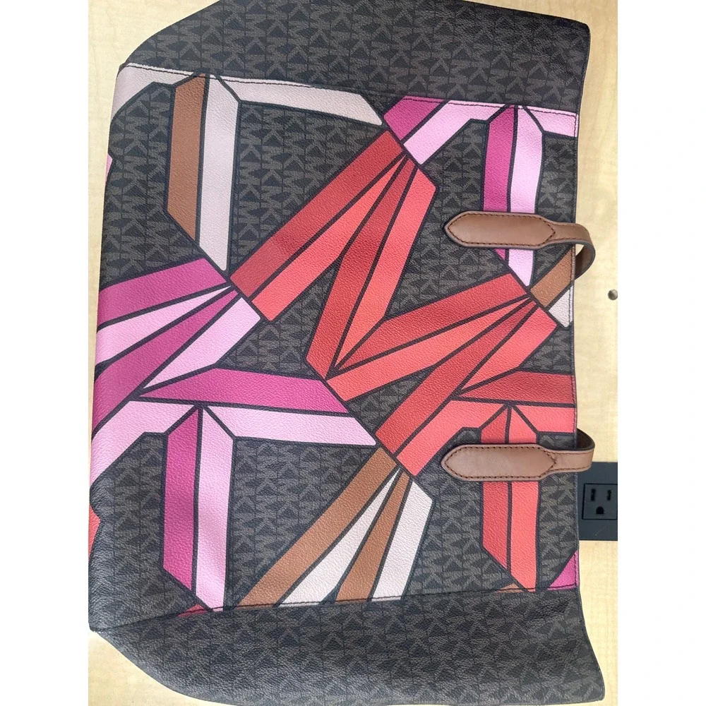 Michael Kors Geometric Monogram Tote Bag Pink Red Brown Signature MK Logo